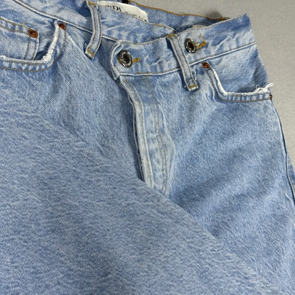 Zara Womens Crossed Waist Straight Leg Jeans Light Wash Raw Hem Blue Size 2